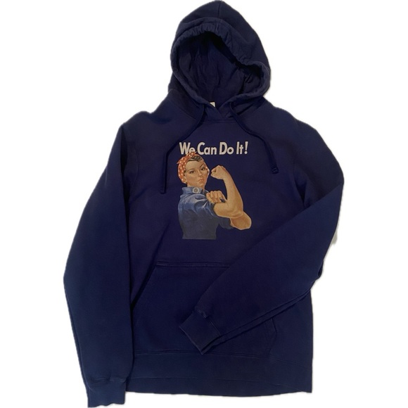 Rosie The Riveter We Can Do It Slogan WW2 Poster Retro Navy Blue Hoodie Sz Med - Picture 6 of 9